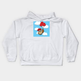 Cute Owl Flying with Heart Balloons in Blue Sky Kids Hoodie